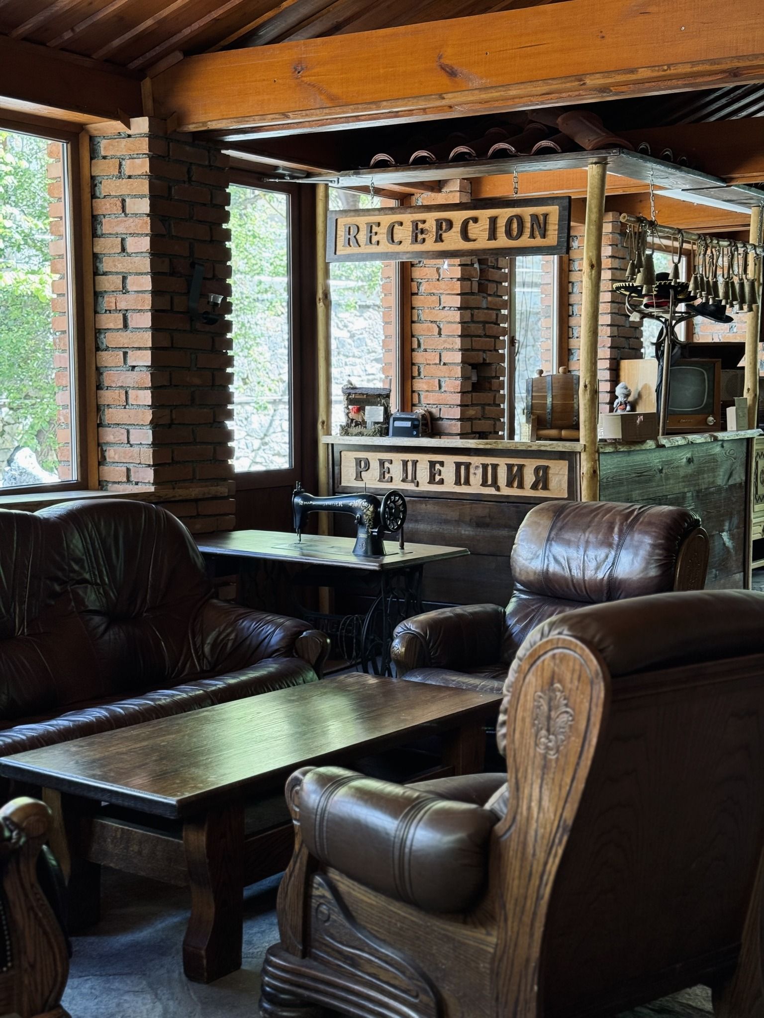 The restaurant hall, with wooden tables