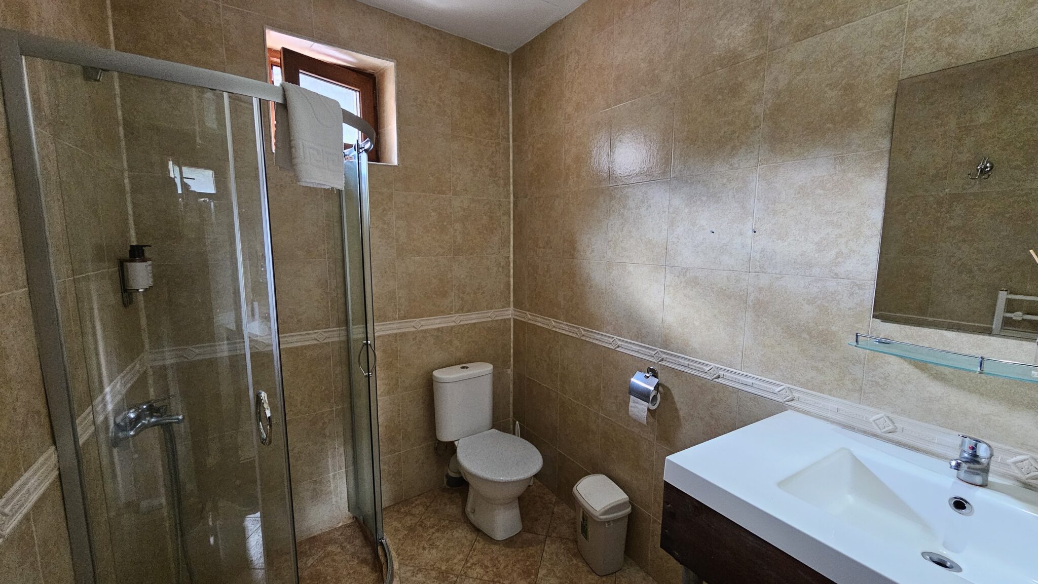 The bathroom: shower cabin, toilet and a wide washbasin