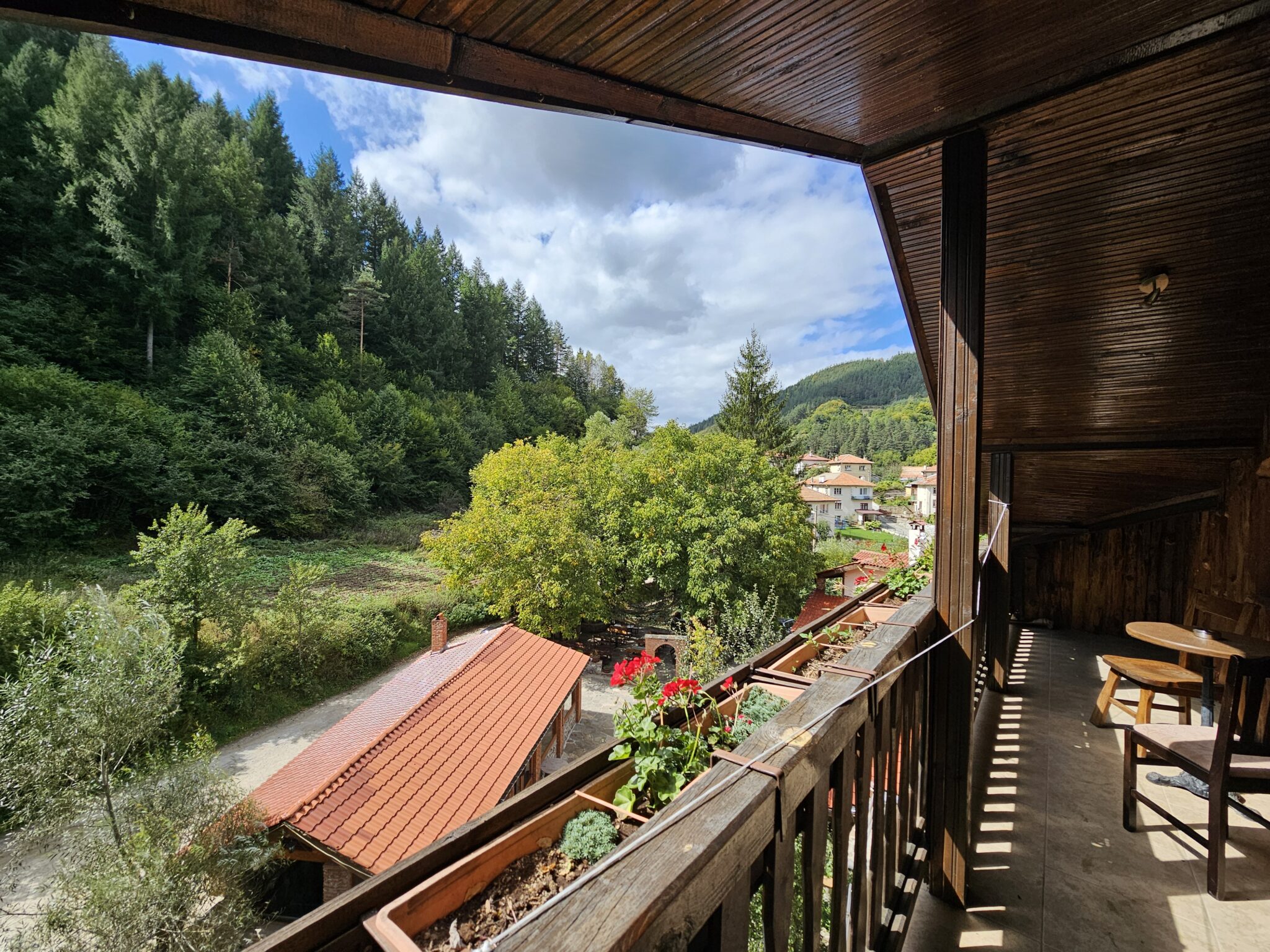 The view from the balcony — forest, houses and red roofs