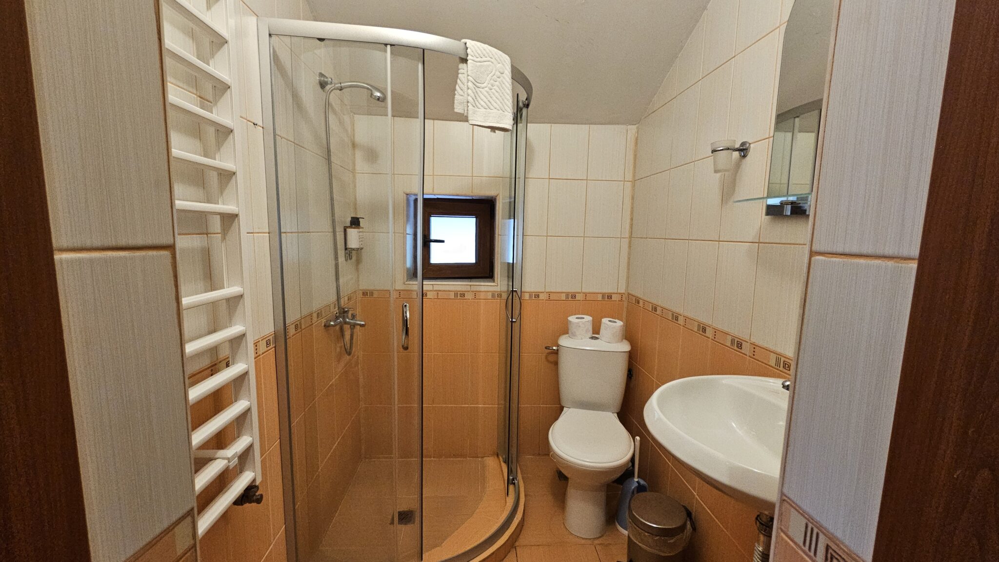 The bathroom: shower cabin, toilet and washbasin
